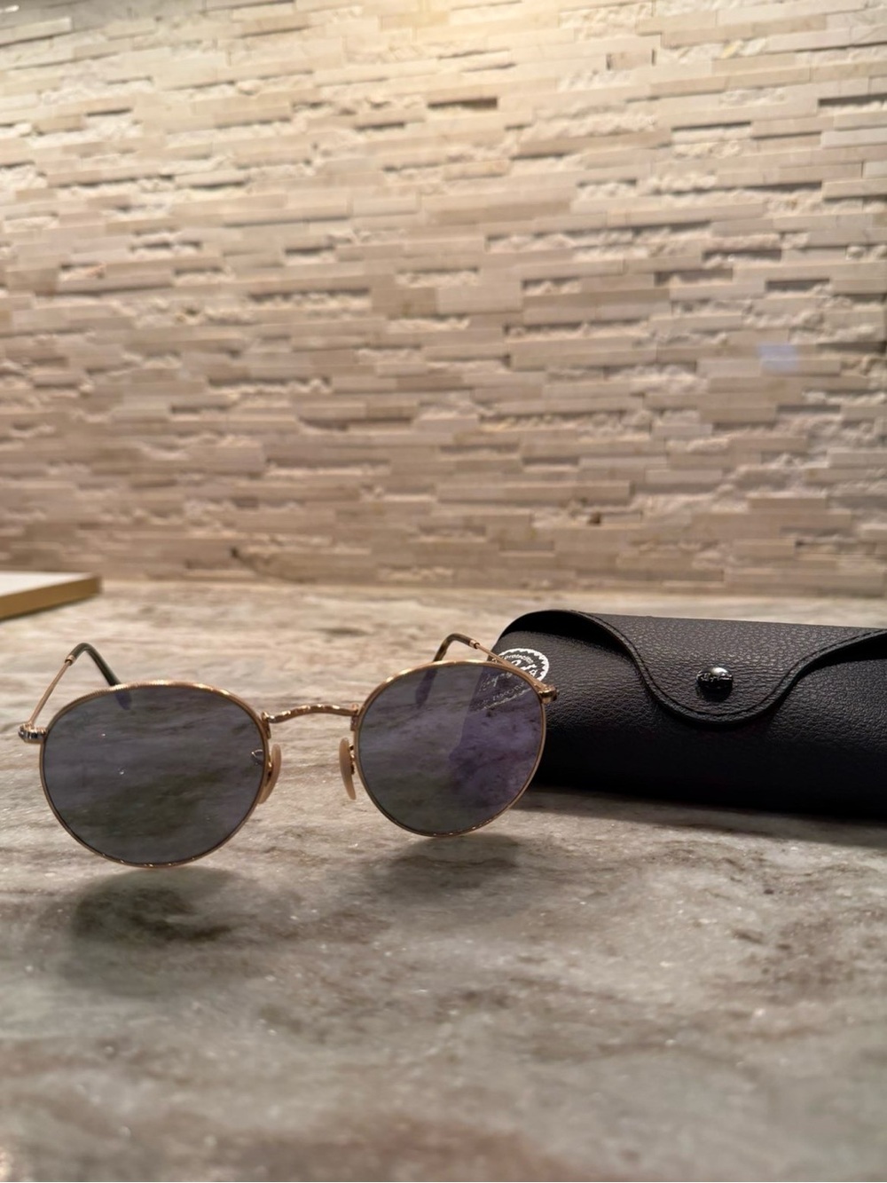 Ray-Ban Gold Frame Round Sunglasses with Blue Lenses